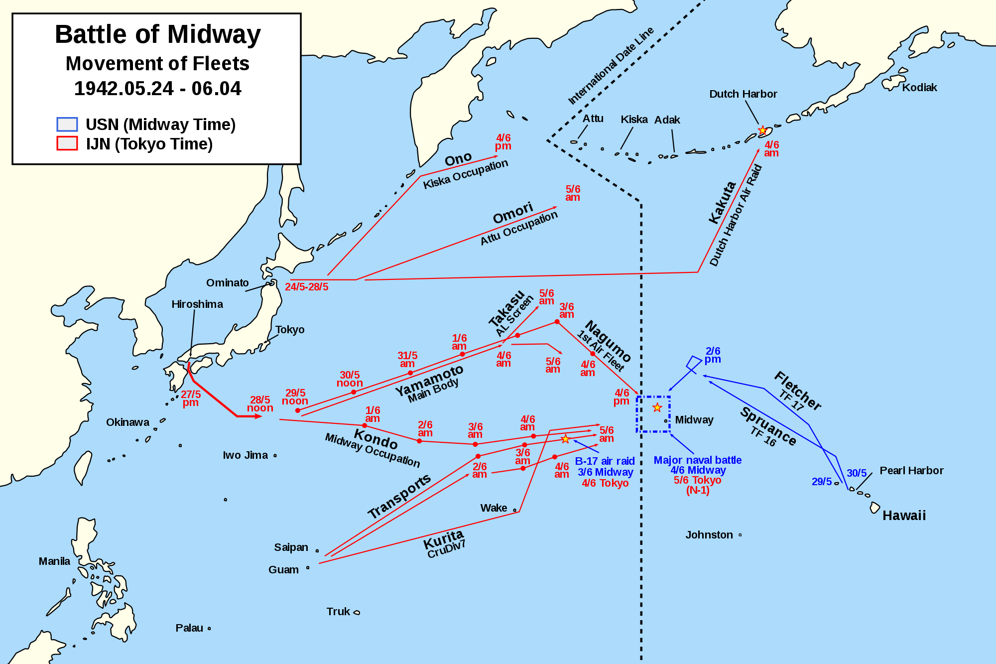 Battle of Midway Movement of Fleets ENG.svg