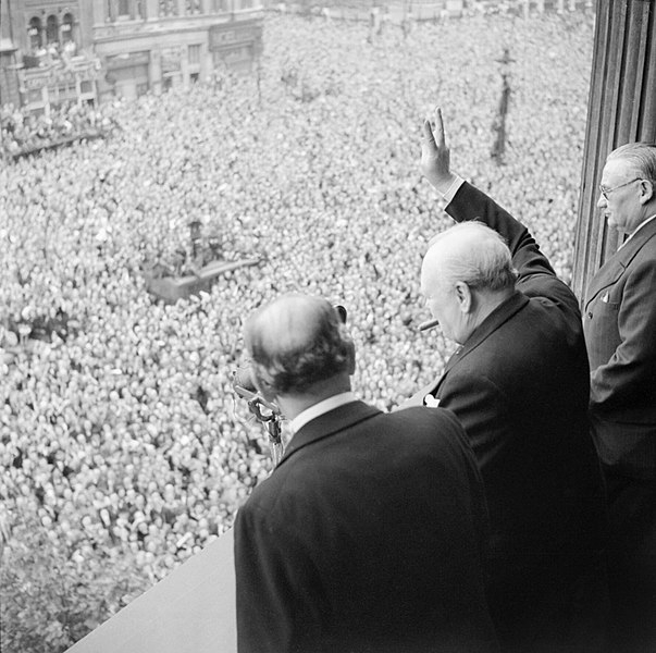 Churchill waving to crowds, VE Day